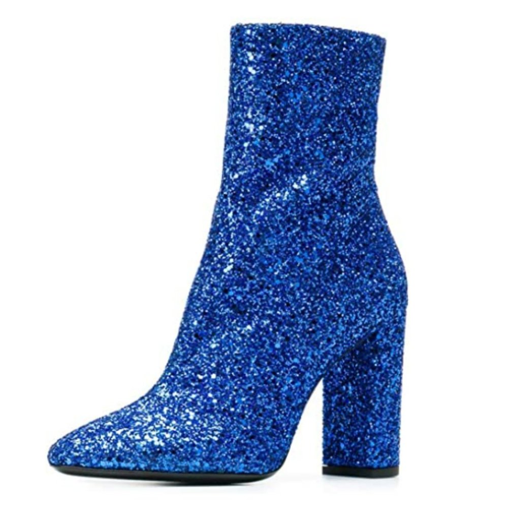XYD Glitter Low Block Heel Ankle Boots Sequins